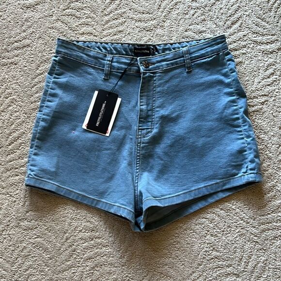 NWT PrettyLittleThing Shape Light Blue Wash Disco Denim Shorts Size 14 - Picture 7 of 12